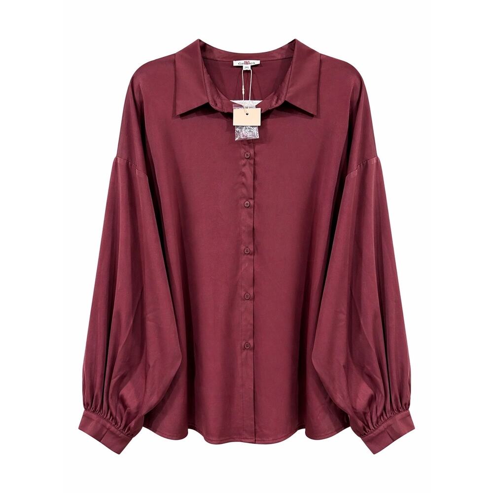 NWT GeeGee Plus 2XL Burgundy Wine Satin Blouse Puff Sleeve Coquette Office Party